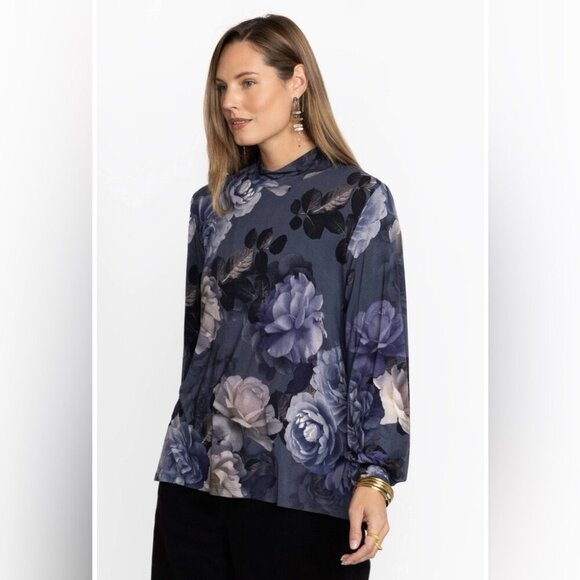 JOHNNY WAS GREY PEONY PUFF SLEEVE MOCK NECK TOP SIZE 3X - Picture 9 of 11